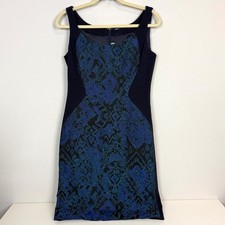 Elie Tahari Navy Blue Green Jacquard Sleeveless Dress 8