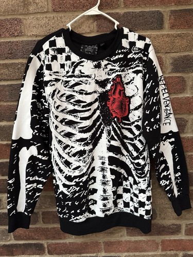 Rebel Vengeance Black Skeleton Heart Crew Neck Sweater Mens Long Sleeve Size L - Picture 2 of 5
