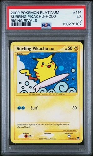 2009 POKEMON PLATINUM RISING RIVALS #114 SURFING PIKACHU-HOLO PSA 5