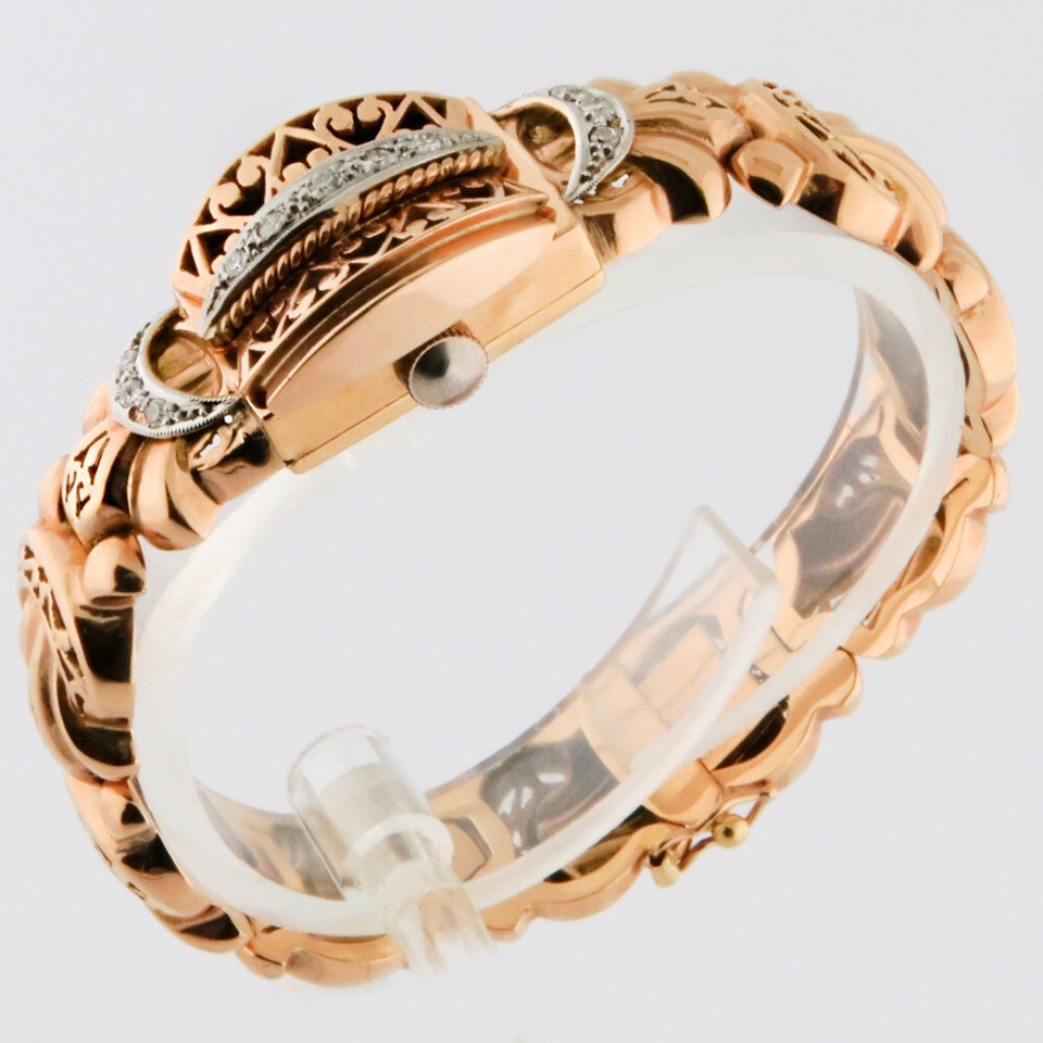Pink Gold Watch Swiss Ramex Vintage Ladies 18K Gold Diamonds Art Nouveau Cocktail ...