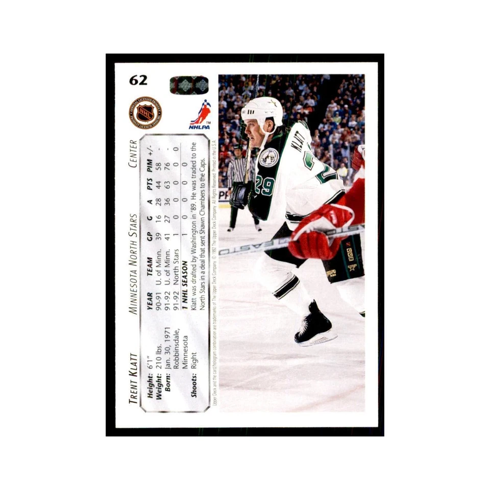 1992 Upper Deck Trent Klatt Hockey Cards #62 - Image 2 of 3