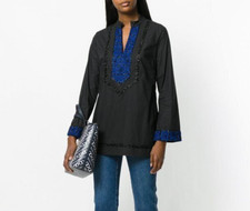 TORY BURCH Tory Embellished Cotton V Neck Long Sleeve Tunic In Black 4 $378
