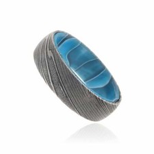 New 7mm Wide Damascus Steel Ring with a Blue Ocean Sleeve