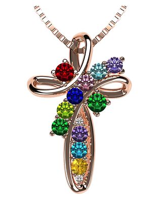 Family Cross Birthstone Mothers Necklace in Solid Sterling Silver