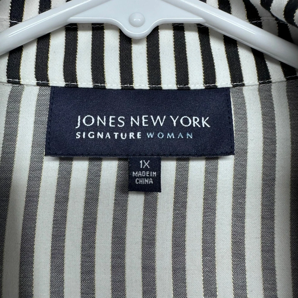 Jones New York Mujer Negro Blanco Rayas Popelín Manga Larga Abotonada Talla 1X Foto 3 de 4