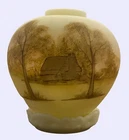 Hand-Painted Fenton Uranium Glass Vase By A. Farley With Rustic Cabin Landscape
