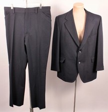 Mens VTG 70s 2 PC Navy Blue Polyester Leisure Suit Sz L 1970s Disco