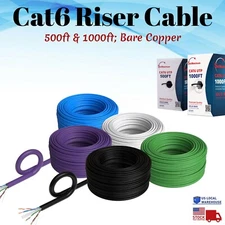 Riser CAT6 Cable 500ft 1000ft Bare Copper Bulk 23AWG CMR Network Ethernet Cable