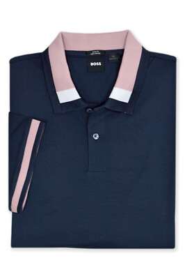 Hugo Boss Navy Blue Pink Colorblock Collar Slim Fit Polo Shirt, 2XL - Main Image