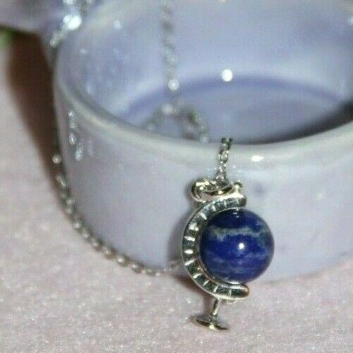 Halskette Collier + Anhänger natürlicher Lapislazuli Globus 38,5 cm 925 Silber - Bild 5 von 12