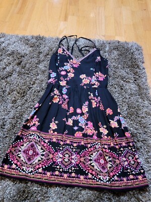 Xhilaration Black Pink Floral Embroidered V-Neck Strappy Back Mini Dress 
