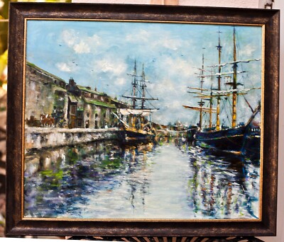Original oil painting sea scape, ''Tall Ships'' on canvas, framed, signed 20x24