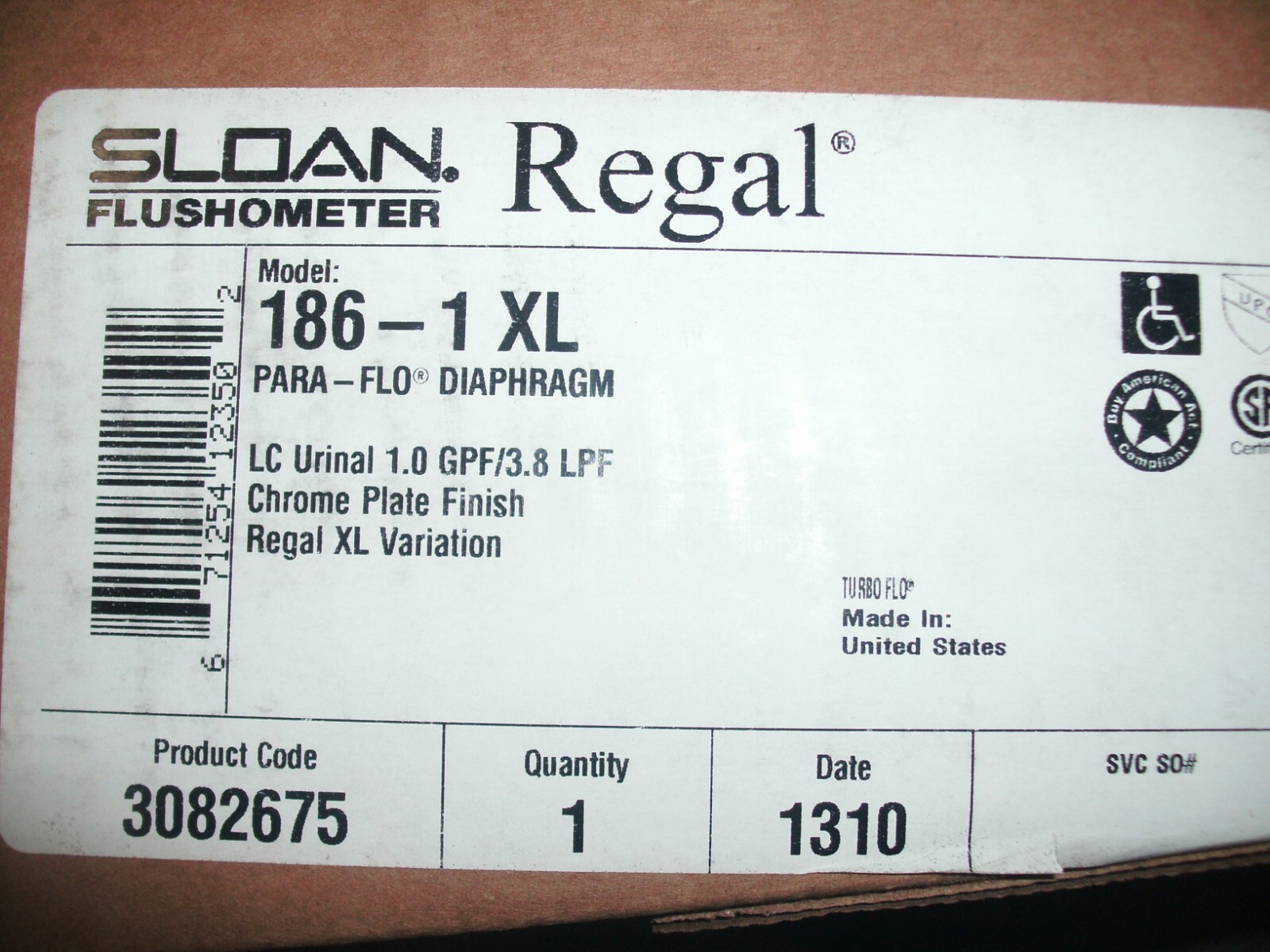 SLOAN REGAL XL 3082675 1861 XL LC URINAL FLUSH VALVE 1 GPF 5