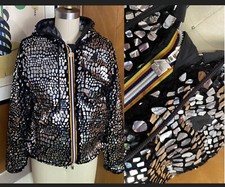 K-way Donna Jacket Hood Fussy Furry Glitter Black Silver Sz 8 S Fty# 38083