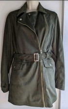 New Look Khaki Olive Faux Suede Jacket Side Zip Belt Gold Accents Vegan Uk10