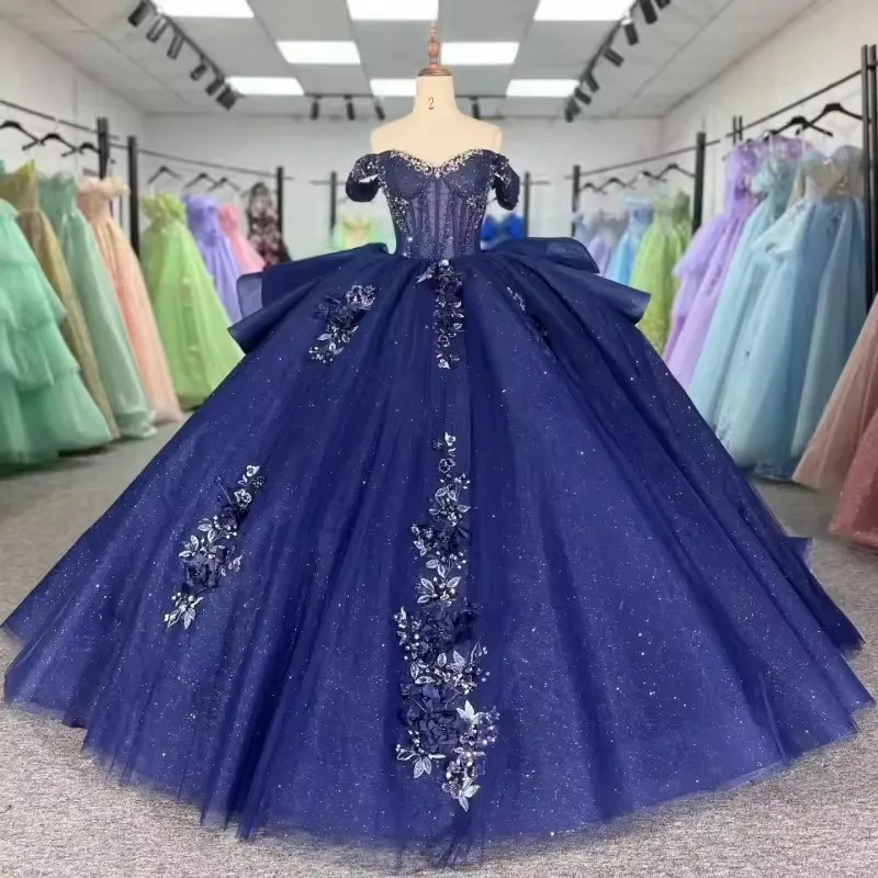 Vestidos de Quinceañera Cuentas Encaje Cristal Perlas Vestidos De 15 Anos Fuera del Hombro