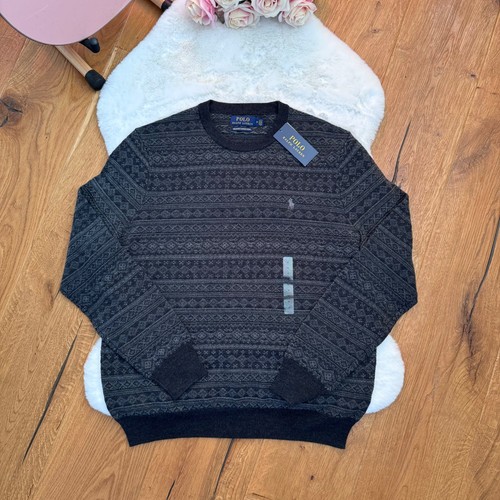 Polo Ralph Lauren Wool Jumper Grey Black Ornament Mens Merino Sweater size M - Picture 3 of 17