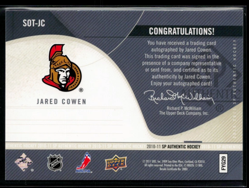 2010-11 SP Authentic Sign of the Times #SOT-JC Jared Cowen - Image 2 of 2