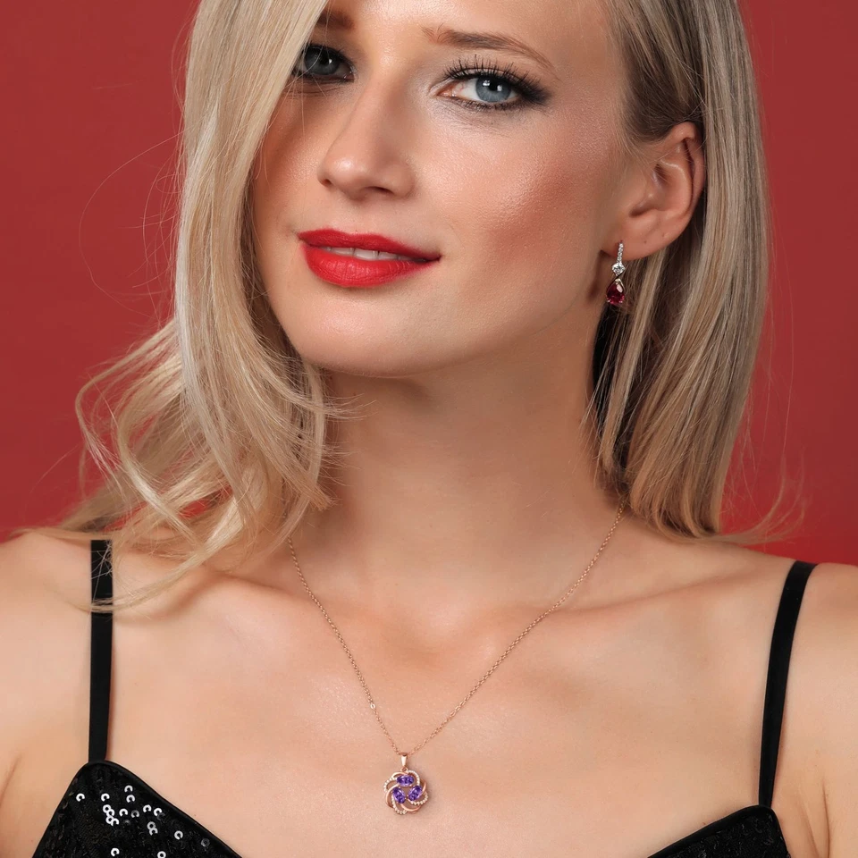 1.40 Ct Oval Purple Amethyst 18K Rose Gold Plated Silver 3-Stone Pendant - Image 4 of 4