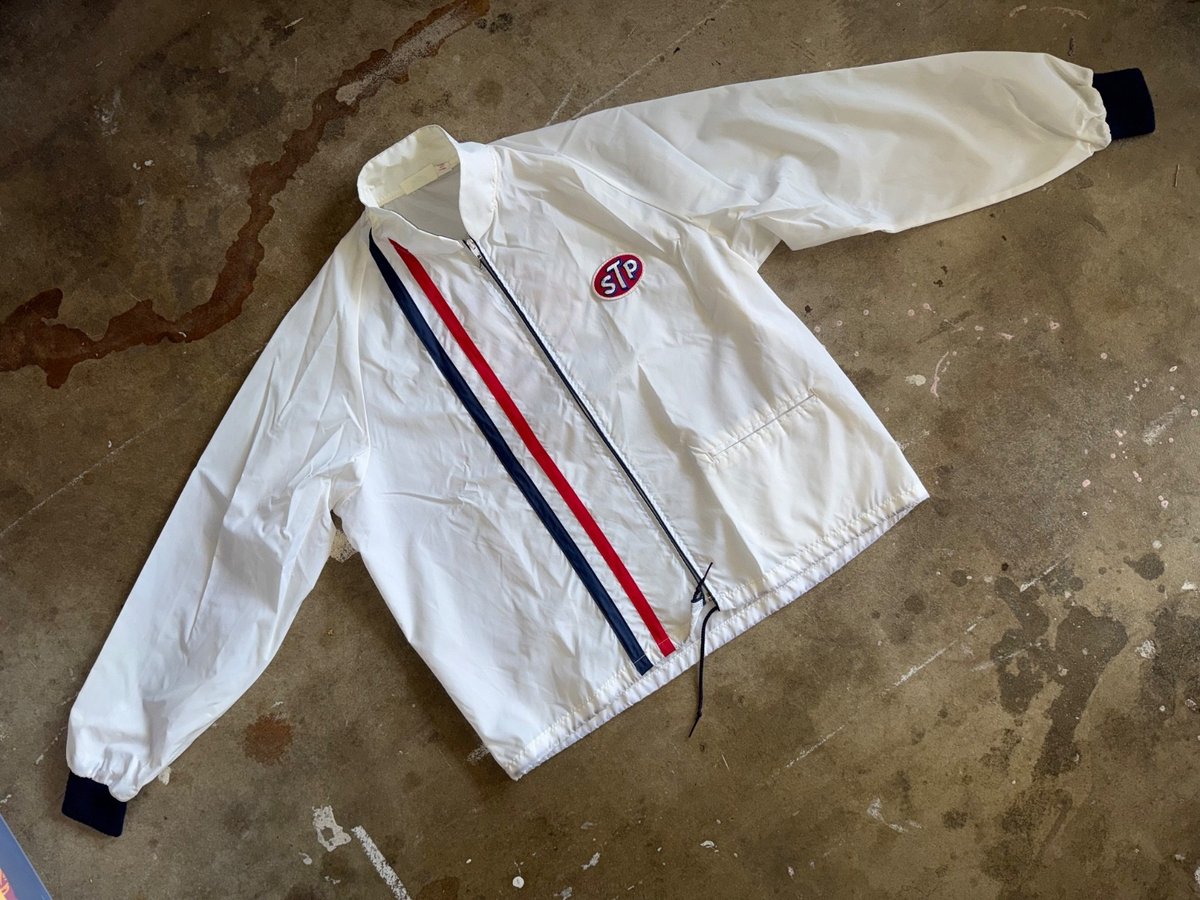 70s VINTAGE STP MOTOR OIL NYLON RACING TEAM JACKET SZ L ZIP UP