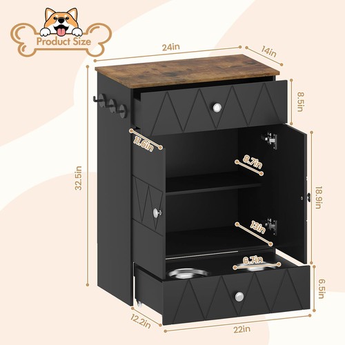 Pet Feeding Station w/ Storage, Raised Dog Bowls, Drawer, Hooks - Black - Picture 2 of 11