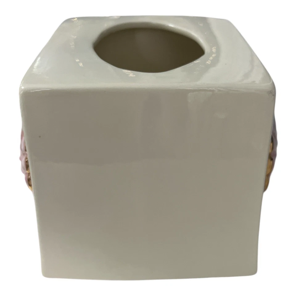 Cubierta de caja de pañuelos de cerámica vintage 1991 con carcasa rosa y adornos dorados - Coastal Ba Foto 2 de 4