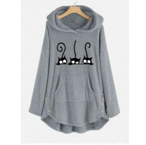 Sweater Warm Fleece Plus Size Button Cat Embroidery Blouse Tops Womens Hoodie - Image 3 of 4