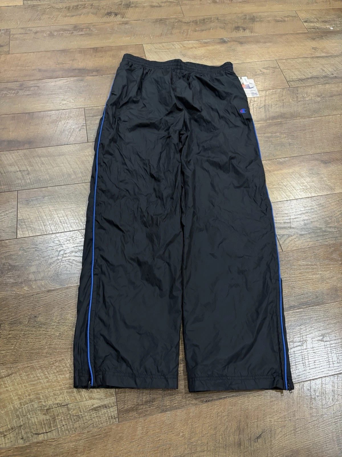 NWT Vintage 90s Champion Lined Nylon Baggy Track Pants Black Blue XL 33x31.5