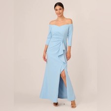 NWT Adrianna Papell Off Shoulder Cascading Ruffle  Crepe Gown US 2 Blue Mist