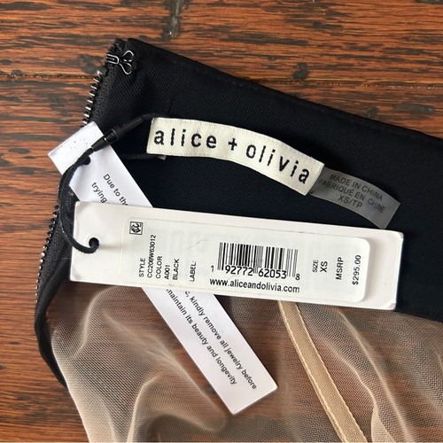 Alice + Olivia $ 295 festliches bauchfreies Oberteil Samt & Netz Stehkragen schwarz/nude XS neu mit Etikett - Bild 9 von 11