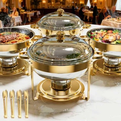 Chafing Dish Buffet Set 4 Pack, 6QT Gold Round Chafing Dishes for Buffet, Hig...