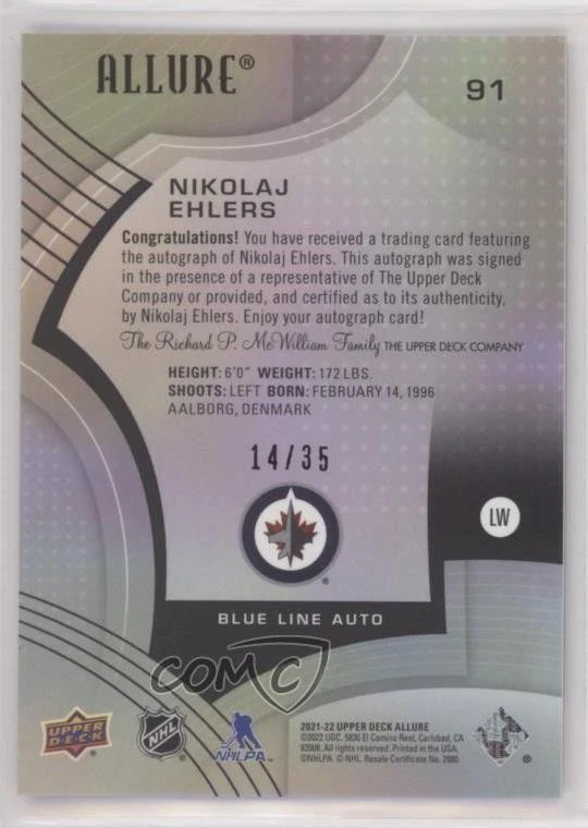 2021-22 Upper Deck Allure Blue Line Auto /35 Nikolaj Ehlers #91 Auto - Image 2 of 2