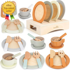 Wooden Play Dishes and Plates for Kids Kitchen Set 27 PCS Wooden Play Kitchen