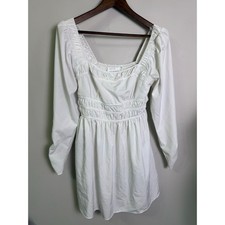 Astr The Label Cinched Waist Smocked Long Sleeve White Mini Dress Large