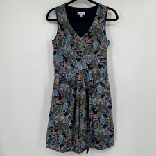 LL Bean Signature Tropical Leaf Cotton V-Neck Belted Dress Botanical Garden Sz 4