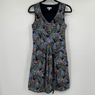LL Bean Signature Tropical Leaf Cotton V-Neck Belted Dress Botanical Garden Sz 4
