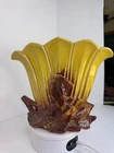McCoy Art Pottery Yellow TULIP FAN VASE W/ Brown Bottom MCM Vintage