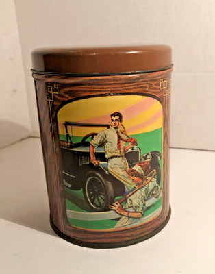 Vintage Metal Tin Can Canister Nice Graphics Roaring 20's art style 6''tall