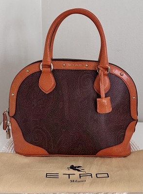 Etro Burgundy Paisley Milano Leather Alma Handbag Orange Trim Lock Key Rare Lux