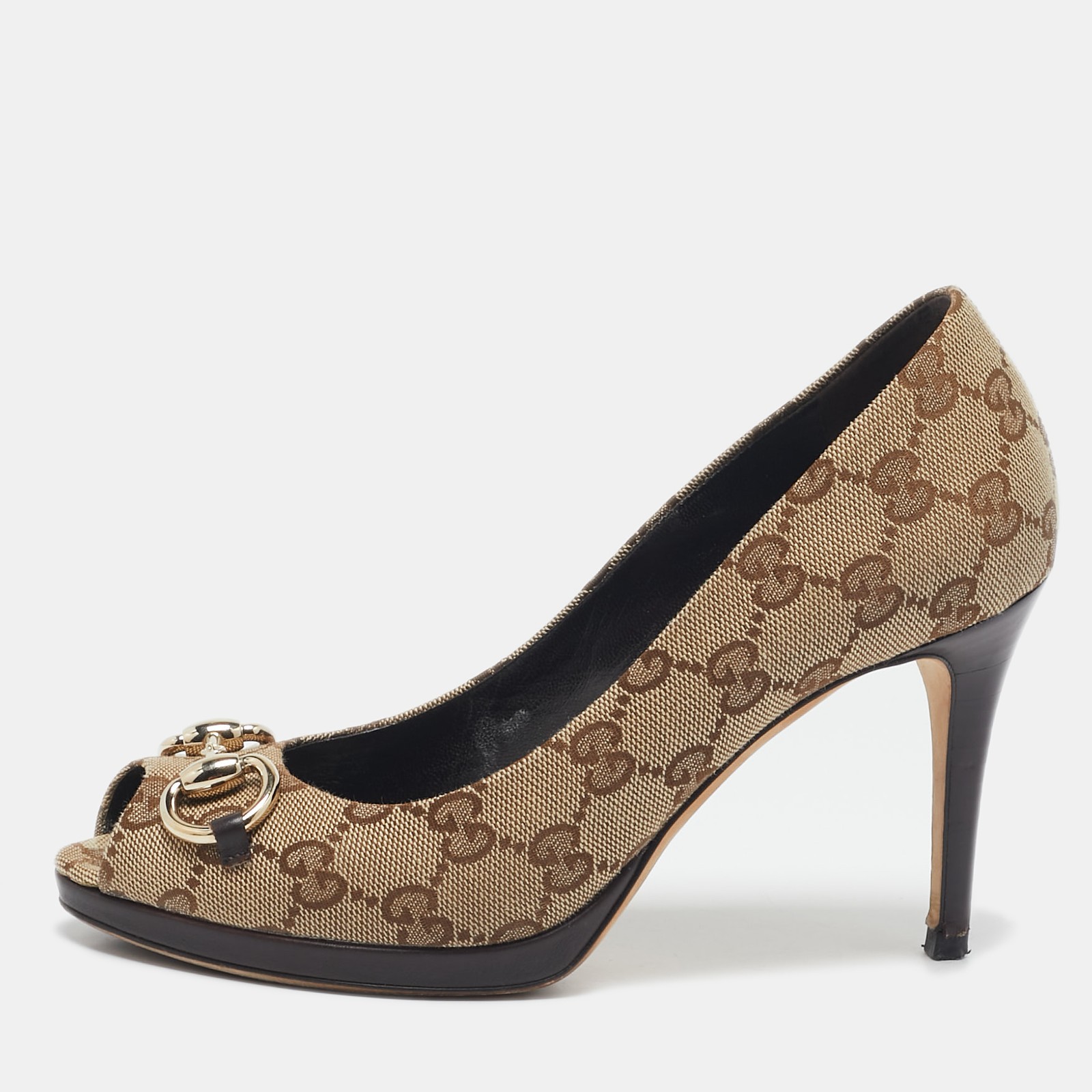 Gucci GG Canvas Horsebit Peep Toe Pumps in Beige Brown Size 36.5