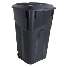 32 Gallon Wheeled Heavy Duty Plastic Garbage Can, Attached Lid, Black 