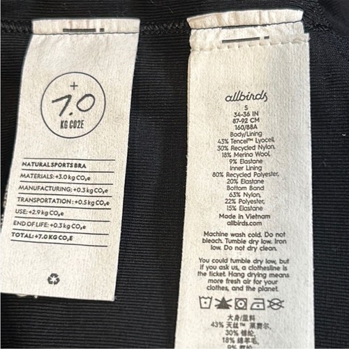 Sujetador deportivo natural Allbirds Performance mezcla de lana merino negro pequeño nuevo con etiquetas - Imagen 4 de 6