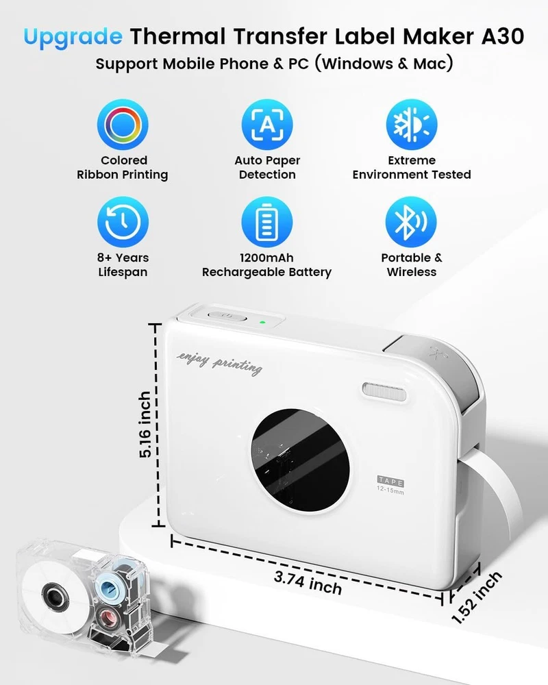 Bluetooth A30 Portable Thermal Label Printer for Wireless Sticker Printing