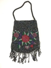 Cute Small Black Micro Beaded Handbag Purse with Floral Design Beaded Fringe