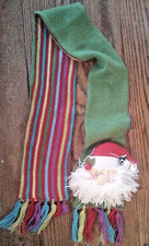 Christmas Santa knit neck Scarf, reversible stripe to solid green w plush Santa