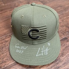 Ian Happ 2023 GAME USED MILITARY HAT Cubs SIGNED worn autograph Inscribed