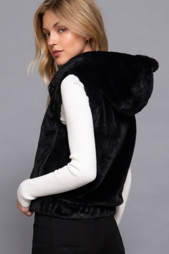 Women's Solid Hoodie Faux Fur Vest Zip Front Coat Warm Sleeveless Outwear - Picture 19 of 25