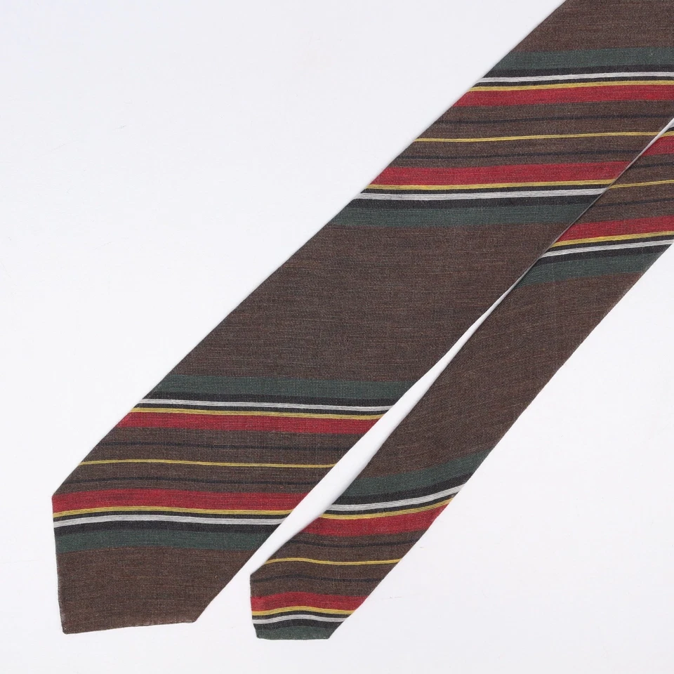 John G Hardy Mens Wool Silk Necktie Brown Green Red Stripe Weave Lightweight Tie - Image 2 of 4