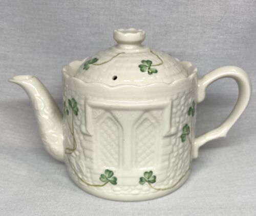 Belleek Castle Teapot with Shamrock Decoration Fine Porcelain Brown Mark