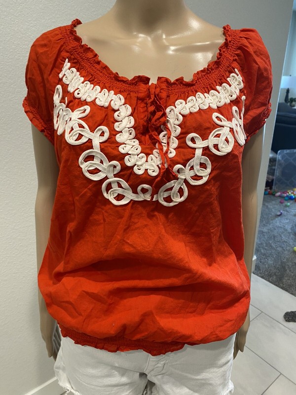 Banana Republic Women's Red Short Sleeve Stretch Waist Peasant Top Size M - 019